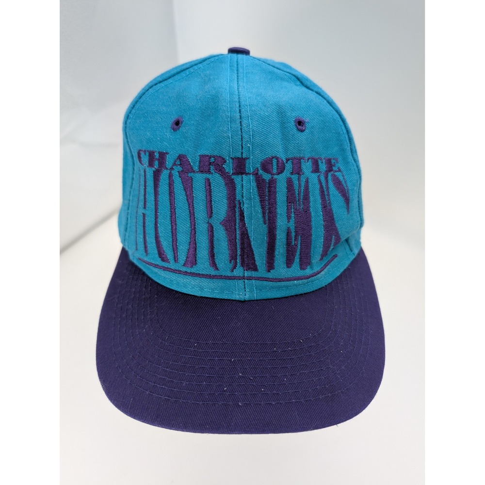 Vintage 90s Charlotte Hornets Logo 7  BIG Logo Snapback Hat Teal Purple NBA Cap